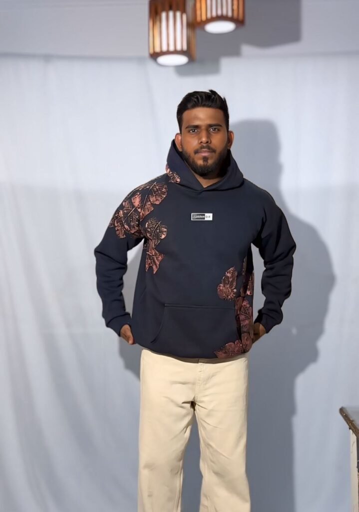 Autumn Leaf print navy blue hoodie