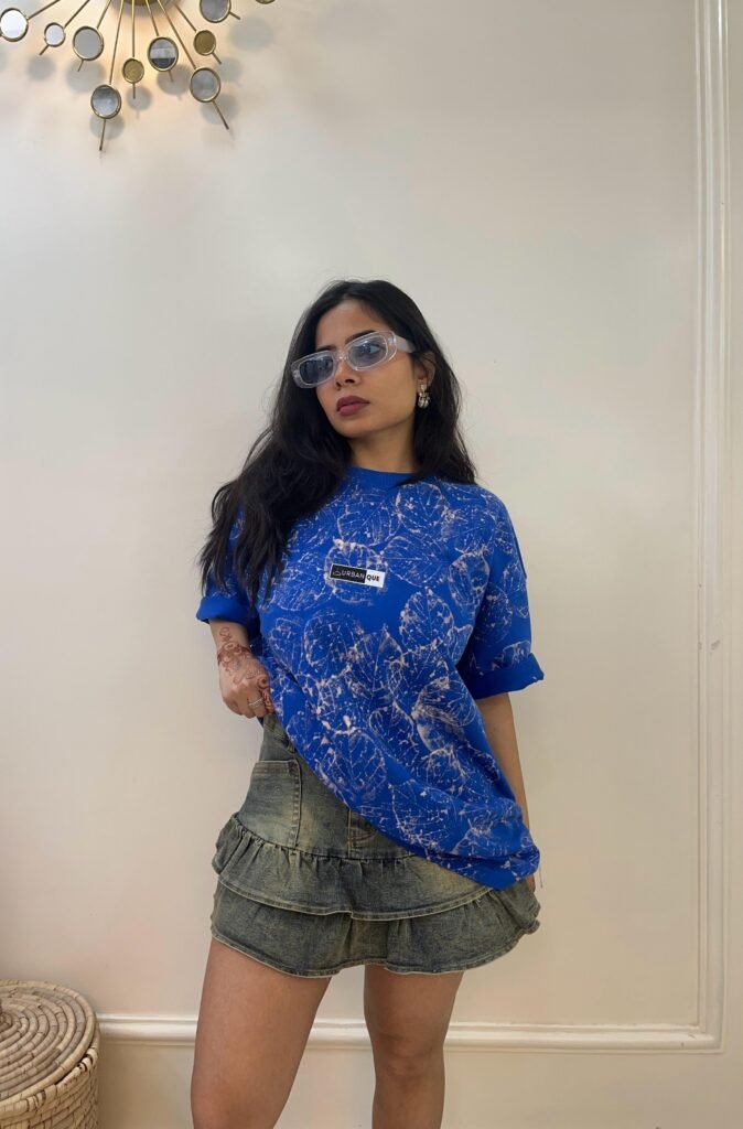 Leaf print royal blue t-shirt